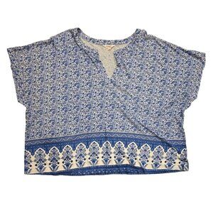 Lucky Brand Womens Blue Floral Boho Top 3X Cotton Linen Blend Plus Coastal Cotta